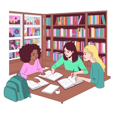 A group of three students, one with curly brown hair, one with straight black hair, and one with long blonde hair, are seated at a wooden table in a library. They are surrounded by tall shelves filled with colorful art and illustration books, some are stacked, while others are displayed with their covers facing out. The students have opened several books in front of them, and they are writing notes on white paper. A teal backpack is leaning against one of the shelves, and a small white coffee cup sits on the table near the students. A soft light filters in from a nearby window, illuminating the vibrant covers of the books.