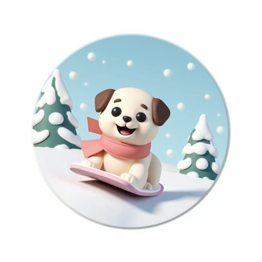 A cartoon dog sledding down a snowy hill with a big smile