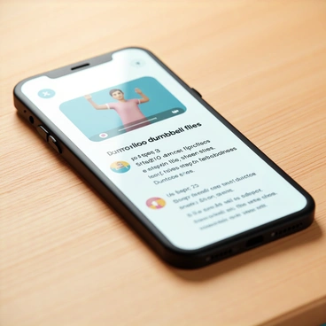 A close-up of a smartphone screen, displaying a fitness app interface. The app shows a detailed instructional video for performing "dumbbell flies." The screen features clear, colorful graphics, including a video thumbnail of a fit person demonstrating the exercise, along with step-by-step written instructions in bold text. The smartphone is black with a sleek design, resting on a wooden surface with a textured feel, and there is a soft ambient light highlighting the screen's display.