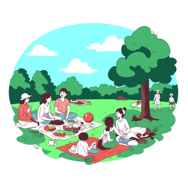 A white park filled with people engaging in various activities. Groups of individuals are laughing and chatting, some are sitting on green grass while others are standing. A few children are playing with a red ball near a large tree. In the background, there are colorful blankets laid out with picnic items, including sandwiches and fruit. The sky above is a bright blue with a few fluffy white clouds scattered throughout.