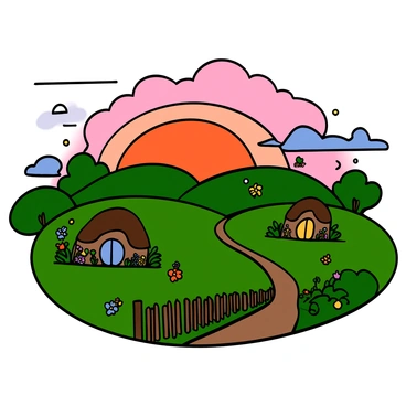 A vibrant sunset with shades of orange, pink, and purple illuminating the sky over the rolling green hills of the Shire. The hills are dotted with quaint, round-roofed hobbit holes, surrounded by lush gardens filled with colorful flowers. In the foreground, there is a wooden fence leading to a pathway winding through the landscape, inviting viewers to explore. The scene conveys a sense of warmth and tranquility, with wispy clouds softly reflecting the hues of the sunset.