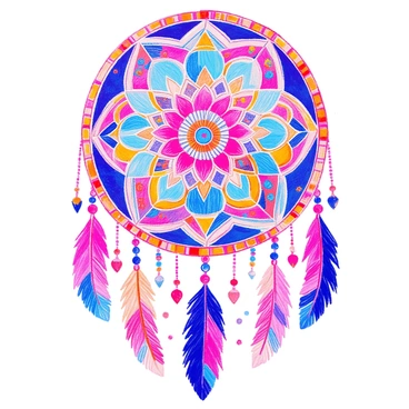 A mandala is intricately designed to resemble a dreamcatcher. The circular pattern includes various geometric shapes and floral motifs. Hanging from the bottom are several feathers of differing lengths, each delicately detailed. Small beads are interspersed throughout, adding color and texture. The overall composition creates a sense of harmony and balance, with the mandala radiating outward from the center.