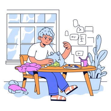 A blind artist is working intently on a tactile sculpture in a spacious, sunlit studio. The artist has short curly hair and is wearing a simple white shirt. They are seated at a wooden worktable cluttered with various materials like clay and textured fabrics. The sunlight streams through large windows, casting soft shadows on the floor. The sculpture is partially formed, with one hand exploring its surface, while tools are scattered nearby. The studio walls are adorned with sketches and notes that reflect the artist's creative process.