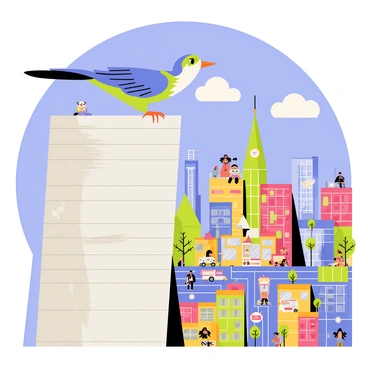 A thunderbird perched on a skyscraper, watching over a bustling city below