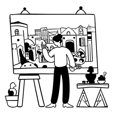 An artist standing in front of a large canvas, intently painting an elaborate historical scene. The scene depicts a bustling market in an ancient city, with merchants selling goods and villagers interacting. There are intricate details in the architecture of the buildings in the background, showcasing historical design features. The artist's palette is filled with various shades of black and white paint, and brushes are scattered on a nearby table. The artist's easel is positioned at an angle, displaying the partially completed artwork. Various historical artifacts are placed around the studio, adding to the atmosphere of creativity and historical reference.