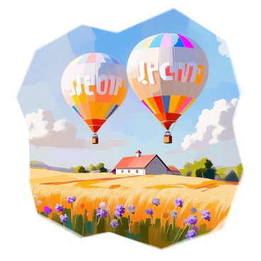 A group of hot air balloons shaped like the words "Dream", "Hope", and "Joy" are floating gently in the sky. Each balloon is vibrant, with colors that include bright red, sunny yellow, and deep blue. Below them, a colorful countryside unfolds, featuring rolling green hills dotted with wildflowers in shades of purple, yellow, and pink. In the distance, a quaint farmhouse with a red roof can be seen, surrounded by fields of golden wheat swaying in the breeze. The sky above is a clear blue with a few fluffy white clouds adding to the tranquil atmosphere.