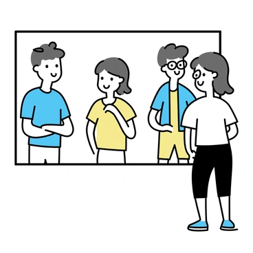 A person stands in front of a large, rectangular mirror, gazing intently. The mirror reflects multiple versions of the individual, each showcasing a different expression and outfit. One reflection shows the person smiling brightly in a casual t-shirt, another appears thoughtful, wearing glasses and a formal shirt. A third reflection displays the individual with a curious look, dressed in workout attire. Each version maintains the same hairstyle but varies in facial expressions and clothing styles, creating a dynamic display of the individual’s personality.