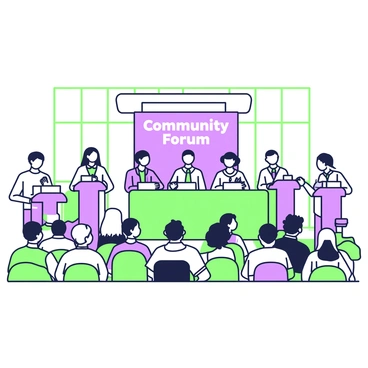 A community forum is taking place in a spacious auditorium. At the center, a panel of diverse individuals is presenting their counterarguments. Each presenter has a unique appearance, representing various ethnic backgrounds and styles. Some are standing behind podiums while others are seated at a long table. In the audience, a lively crowd is engaged, with expressions of curiosity and interest visible on their faces. The audience consists of people of different ages and backgrounds, actively listening and responding to the presentations. A backdrop features a large banner that reads "Community Forum" in bold letters. Large windows let in natural light, creating a vibrant atmosphere.