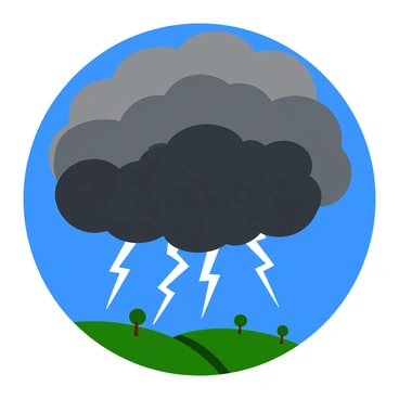 A dark thunderstorm cloud fills the upper part of the image, swirling with shades of gray and hints of blue. Bright flashes of lightning emerge from the base of the cloud, illuminating the surrounding area with a stark, white light. Below the cloud, the ground is visible, displaying a landscape of rolling hills and sparse trees, partially illuminated by the lightning. The air appears charged, depicted with subtle, glowing lines radiating outward from the cloud, representing the electric field. The sky showcases a dramatic contrast of deep blues and blacks, capturing the intense atmosphere of the storm.