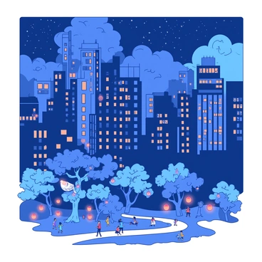 A cityscape of tall buildings with glowing windows under a dark blue sky. Streetlights emit a warm orange light, illuminating the sidewalks filled with people wearing colorful outfits. As the scene transitions into night, the buildings begin to morph into fantastical shapes, with roofs that curl like waves and towers that spiral like candy. The sky above fills with shimmering stars, and clouds take on whimsical forms resembling animals and flowers. In the foreground, a small park shows trees with branches that twist and turn, with multicolored lanterns hanging from them, casting soft light on a winding path.