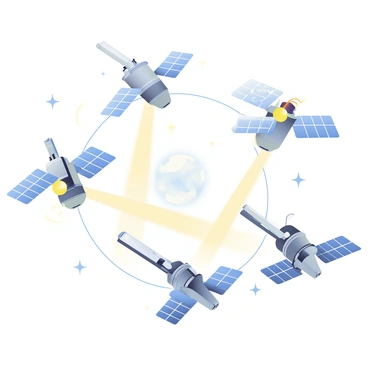 A fleet of microsatellites is positioned within the thermosphere, each satellite displaying a sleek, metallic design with solar panels extending outward. The satellites are arranged in a dynamic formation, some are communication satellites with glowing antennas, while others exhibit sensors and cameras on their surfaces. Thin, bright communication beams connect each satellite, portrayed as luminous lines of light, indicating active communication between them. The backdrop features a starry sky with faint hints of Earth visible below, creating a context of their high-altitude environment.