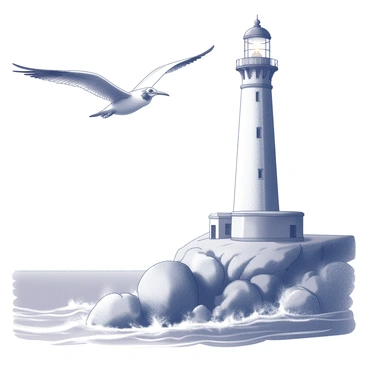 A big bird flying near a lighthouse by the seaside during a sunny day