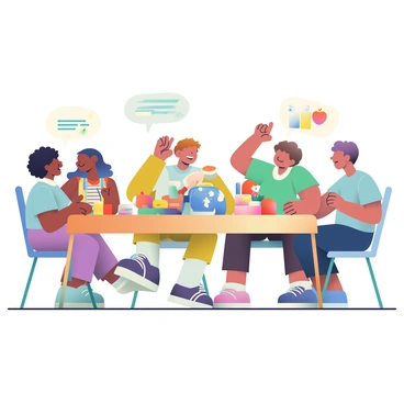 Students having a lively discussion over lunch boxes in class