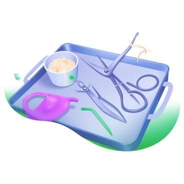 A close-up view of a tray containing various medical instruments used in a vasectomy procedure. The tray holds a pair of delicate surgical scissors with precision tips, a hemostat clamp, and a pair of forceps with a textured grip. Nearby, there is a small container filled with sterile sutures. The instruments are arranged neatly, reflecting their surgical purpose. The background is softly blurred, emphasizing the instruments and their clinical context.