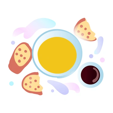 A small bowl of olive oil and balsamic vinegar surrounded by torn pieces of focaccia bread