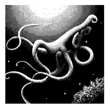 An alien creature with elongated, flowing shapes is swimming gracefully in the depths of an alien ocean. Its body is covered in intricate patterns, giving it a unique appearance. The creature has several long, fin-like appendages that trail behind it, creating an impression of fluid motion. The surrounding water is filled with organic shapes and forms, hinting at the presence of other alien life. Bubbles rise around the creature as it glides through the water, creating a sense of movement and depth.