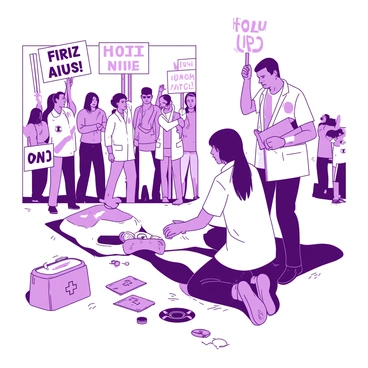 A group of medical volunteers in white uniforms is attending to injured protesters at a political demonstration. One volunteer is kneeling beside an injured person, applying a bandage to a wound on their arm. Another volunteer is holding a first aid kit, looking intently at the scene, ready to assist. In the background, there are several protesters holding up signs, and a few medical supplies are scattered on the ground. The atmosphere conveys urgency as the volunteers work diligently to provide care.