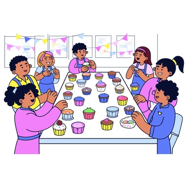 A bright classroom setting with colorful decorations on the walls. In the center, a long table is covered with a variety of cupcakes in different shapes and sizes. Children of diverse backgrounds are focused on their cupcakes, each decorated with colorful icing and sprinkles. One child is piping blue icing onto their cupcake, while another is adding rainbow sprinkles. A few children are laughing together, sharing decorating tips. Each child has an apron on, and there are bowls of icing and toppings scattered across the table.