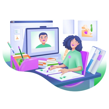 An illustrator sitting at a desk, engaged in a video call, with a focused expression on their face. The illustrator has a sketchbook open in front of them, and various colored pencils scattered around. Surrounding the illustrator are several art books stacked on the desk and leaning against the wall, showcasing covers with vibrant illustrations. On the screen, a face of a colleague is visible, also engaged in the discussion. The background features a cozy workspace with a few framed artworks hanging on the walls.