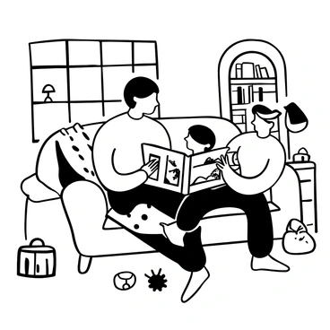 A parent sitting on a cozy living room couch, holding an open storybook with illustrated pages. The book features large, colorful illustrations depicting scenes from an American story. A child sits closely next to the parent, looking at the pages with curiosity. Around them, the living room is filled with various cushions and a warm blanket draped over the couch. There are bookshelves in the background, filled with more books, and a small lamp providing soft lighting. A few toys are scattered on the floor nearby, adding to the cozy atmosphere.