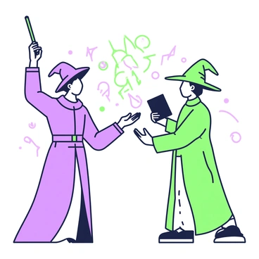 Two wizards are positioned opposite each other in a dramatic stance. Each wizard is adorned in long, flowing robes, one in deep purple and the other in vibrant green. They both have luminous auras swirling around their bodies, depicting a powerful magical energy. The first wizard is raising a wand aloft in his right hand, while the second wizard holds an open spellbook in front of him with his left hand. Each face reflects intense concentration and determination. In the space between them, arcs of energy crackle, hinting at the impending spells they are about to cast.