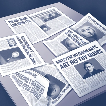 A wooden table covered with various newspapers. The newspapers are opened, displaying sensational headlines about "Communist threats." Each headline is prominently featured in bold text, with a mix of dramatic fonts. Some headlines are partially obscured by crumpled edges or overlapping newspapers, suggesting a chaotic atmosphere. The background features dim lighting, enhancing the focus on the text and images within the newspapers.