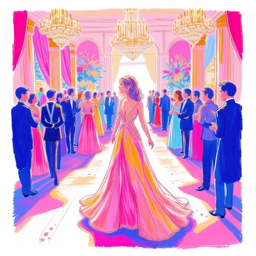 Anjelica is standing in the center of a lavish gala, wearing a glamorous evening gown that flows elegantly down to the floor. The gown has intricate beadwork that glimmers under the light. Her hair is styled in soft waves, and she is adorned with delicate jewelry that complements her outfit. Overhead, sparkling chandeliers cast a warm glow, illuminating the opulent venue with crystal accents. The room is filled with elegantly dressed guests, and the walls are adorned with rich drapery and floral arrangements.