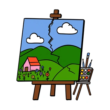 An artist's canvas displaying a painted landscape. The landscape features rolling hills under a bright blue sky, with fluffy white clouds scattered throughout. There is a noticeable crack running diagonally through the canvas, disrupting the vibrant colors of the scene. The painting includes a small cottage nestled among the hills, surrounded by colorful wildflowers. The canvas is positioned on an easel in a well-lit art studio with paintbrushes and a palette visible in the background.