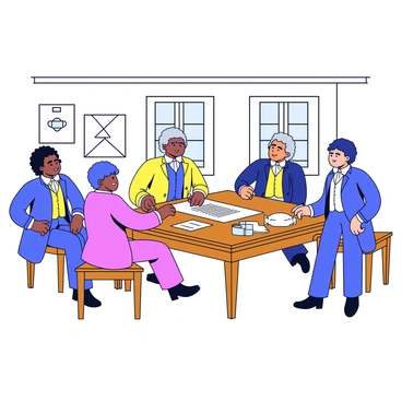 A scene depicting the signing of the "Declaration of Independence" inside a historical room. A large wooden table is centered in the room, and several men are gathered around it. They are in period clothing, including waistcoats and powdered wigs. One man is actively writing with a quill, while another is closely observing the document. The walls are adorned with colonial-style decorations, and there is a large window letting in natural light. Papers and inkpots are scattered on the table, adding to the atmosphere of the moment.