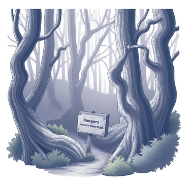 A dense forest filled with gnarled trees, their twisted branches reaching in various directions. The trunks of the trees are thick and covered in textured bark, with some having moss growing along the base. In the midst of the trees, there is a wooden sign, weathered and aged, displaying a warning about "dangers beyond its threshold." The sign is positioned at the edge of a narrow, shadowy path that leads deeper into the forest. The overall atmosphere is one of mystery and caution, with the dense foliage providing a natural frame around the scene.