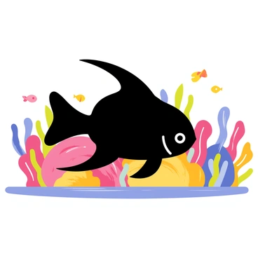 A silhouette of an angelfish with flowing fins is positioned in the foreground. The angelfish is gracefully swimming, creating an impression of motion. Behind the angelfish, a vibrant coral reef is depicted with various colors, including bright pinks, deep blues, and sunny yellows. Colorful sea plants sway gently in the water, enhancing the lively scene. Small fish swim around the reef, adding to the dynamic underwater environment.
