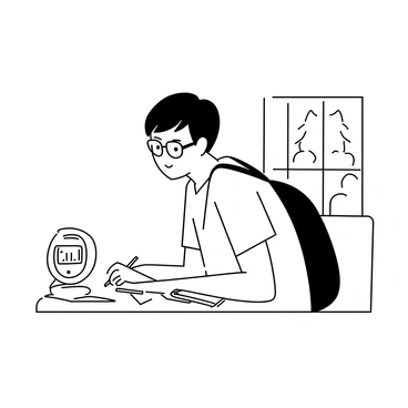 A student sitting at a wooden desk, focused intently on a digital timer displaying the remaining time. The student, wearing a short-sleeve shirt and glasses, has papers scattered around them with notes and a pencil in hand. Their brow is furrowed in concentration as they look down at the timer. A backpack is visibly leaning against the side of the desk, and a window in the background reveals a view of trees outside.