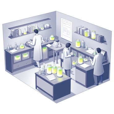 A laboratory filled with various scientific equipment and instruments. Several tables are arranged throughout, each cluttered with glass jars containing luminous substances that emit a soft glow. Scientists in lab coats are carefully observing the jars, taking notes, and discussing their findings. One scientist is using a pipette to extract a sample from one of the glowing jars, while another is adjusting the settings on a nearby machine. The walls are lined with shelves holding more jars, beakers, and books on scientific theories.