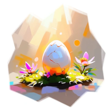 A mystical dragon egg resting on a bed of soft moss, enveloped in a warm, golden light. The egg is oval-shaped with intricate, shimmering patterns on its surface, reflecting hints of iridescent colors. Cracks are beginning to form along its shell, revealing a soft glow from within. The surrounding environment is lush and verdant, with small ferns and vibrant flowers framing the scene. Rays of light filter through the leaves above, casting a magical ambiance around the egg.