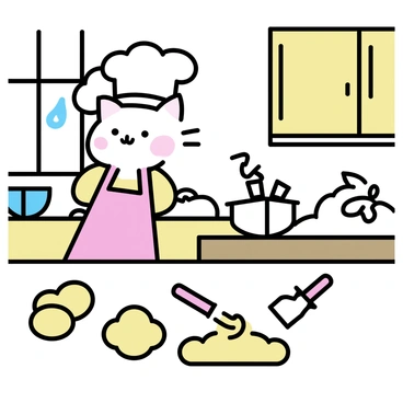 A fluffy cat with soft fur, wearing a white chef's hat and a colorful apron, is standing on its hind legs at a wooden kitchen counter. The cat is surrounded by cookie dough, flour, and baking utensils. In front of it, there are several round cookie shapes cut out and ready for baking. The cozy kitchen features warm wooden cabinets and a window with sunlight streaming in, illuminating the space.