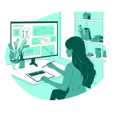 A teal woman named "Becca Hall" is sitting at a clean white desk, facing a digital tablet. She has long flowing hair and is wearing a smart, casual outfit. Becca is holding a stylus in her right hand, demonstrating drawing techniques on the tablet's screen. On the screen, vibrant sketches are visible, showcasing various art techniques. In the background, there are shelves filled with art supplies, like brushes and paints, along with a small potted plant for added detail. A soft light fills the room, creating a welcoming atmosphere.