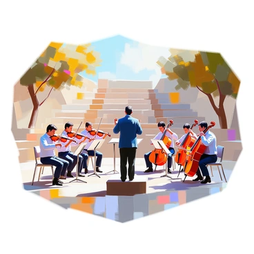A small orchestra consisting of musicians playing various instruments, including violins, cellos, and flutes, is positioned on a stage in an outdoor amphitheater. The musicians are wearing formal concert attire and are deeply focused on their performances. Surrounding them, the amphitheater is made of stone, with rows of seats filled with an audience enjoying the music. Trees can be seen in the background, providing a natural setting. In the foreground, a conductor stands with a baton, guiding the musicians as they play. Bright sunlight illuminates the scene, creating a lively atmosphere.