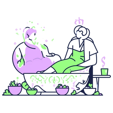 A person is sitting on a comfortable chair with their feet submerged in a large bowl filled with warm herbal water. The bowl has intricate patterns and is placed on a wooden floor. The person is wearing loose, soft clothing, and a towel is draped around their shoulders. Surrounding the bowl, there are several small containers filled with various herbs and flowers. A gentle steam rises from the bowl, indicating the warmth of the water. In the background, a small table holds a cup of herbal tea and a lit candle, creating a peaceful atmosphere.