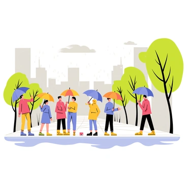 A city street scene featuring a bustling sidewalk with various people holding colorful umbrellas to shield themselves from the rain. The pavement is shiny and wet, reflecting the vibrant colors of the umbrellas, which include red, blue, yellow, and green. People are seen wearing raincoats and rubber boots, some are chatting while others are hurrying along. A few trees line the street, their leaves glistening with raindrops. In the background, tall buildings loom, creating an urban atmosphere, with dim, gray clouds hanging overhead.