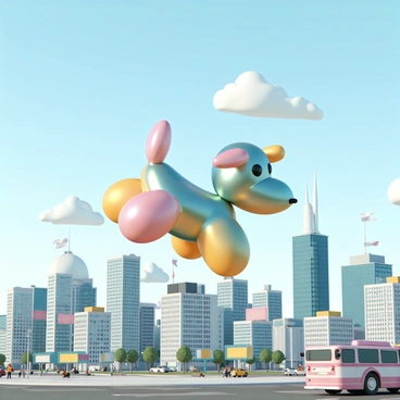 A balloon dog floating gently above a bustling city skyline