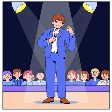 A person standing nervously on a stage in front of a large audience. The individual is wearing a tailored blue suit and has short brown hair. Sweaty palms are visible as they grip a microphone. Bright stage lights shine down, illuminating the person, while the audience in the darkened background appears attentive and expectant. The stage is simple, with a wooden floor and a dark curtain in the back.