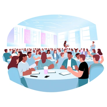 A large conference hall is filled with a diverse group of illustrators engaged in conversations. Some illustrators are seated at tables, with sketchpads and digital tablets in front of them. A few are standing, exchanging ideas while holding cups of coffee. In the background, there are banners displaying various artistic themes hanging from the ceiling. The lighting in the hall is bright and inviting, creating an energetic atmosphere. Large windows let in natural light, highlighting the dynamic interactions among the attendees.