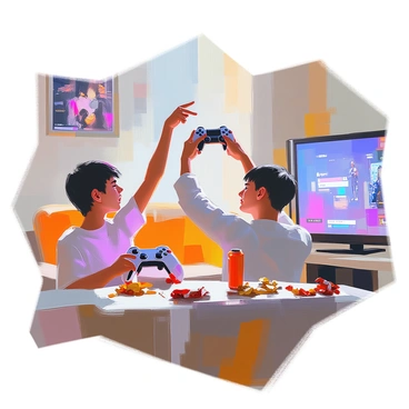 A young adult with short hair and a frustrated expression is sitting on a couch, gripping a video game controller with one hand raised in the air. The other hand is poised to throw the controller, which appears to be moments away from being launched. The room is filled with gaming paraphernalia, including posters of popular video games on the walls and a large television displaying a paused game screen with negative feedback highlighted. Empty snack wrappers and a half-finished energy drink are on the coffee table in front of them. The atmosphere conveys tension and disappointment.