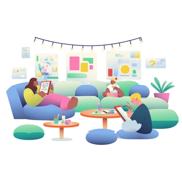 A cozy lounge space is filled with comfortable, oversized cushions in various shades of blue and green. There are several wooden coffee tables scattered around, each adorned with sketchbooks and colorful art supplies. An artist with long brown hair is lounging on a soft, oversized chair, holding a sketchpad, while a friend with short blonde hair is sitting cross-legged on the floor, sketching on a large canvas. String lights hang overhead, casting a warm glow, and plants in the corners add a touch of nature. The walls are decorated with vibrant artwork and inspirational quotes, creating an inviting atmosphere for artists to unwind and exchange creative ideas.