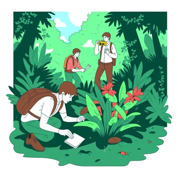 A group of explorers is navigating through a dense jungle filled with lush green foliage. One explorer is crouching down, examining a vibrant new plant species with bright red flowers, while another takes notes on a small white notepad. A tall explorer in the background is using a yellow camera to capture the moment. Sunlight filters through the thick canopy above, creating patches of light on the jungle floor covered with various shades of green and brown leaves. There are vines twisting around tree trunks, and small insects can be seen fluttering around the new plant.