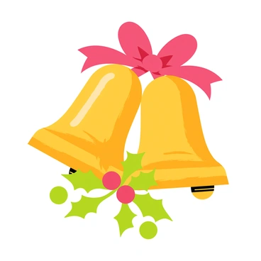 A pair of golden holiday bells with a shiny surface, featuring intricate engravings. The bells are tied together with a vibrant red ribbon that has a large bow at the top. Green holly leaves with bright red berries are arranged around the base of the bells, adding festive color and detail. The bells are positioned slightly tilted, creating a dynamic appearance.
