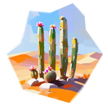 A group of cacti stands tall in a vast desert landscape, their unique shapes and textures highlighted by the warm sunlight. The cacti have varying heights and forms, some with tall, slender arms reaching upwards while others are shorter and rounder. Each cactus is adorned with clusters of vibrant flowers in shades of pink, yellow, and orange, adding color to the scene. The wind gently rustles through the desert, causing the cacti to appear as if they are swaying rhythmically. In the background, rolling dunes of golden sand stretch into the horizon under a clear blue sky, enhancing the serene atmosphere of this desert moment.