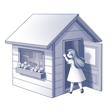 A young girl with long, flowing hair is positioned outside a wooden cottage. She is standing on her tiptoes, leaning forward with a look of curiosity on her face. Her hands are placed on the edge of a window sill as she gazes inside. The cottage features a thatched roof and simple wooden design. The window is framed with flower boxes that contain various plants. The interior of the cottage is partially visible, showing a cozy atmosphere with a table and chairs. The scene depicts a sense of wonder and intrigue.