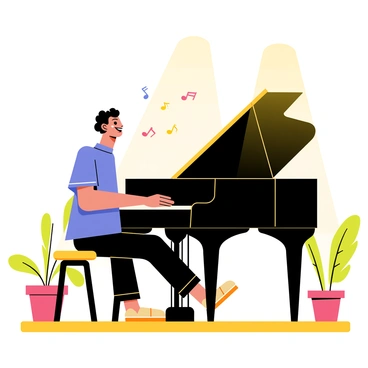 A blind musician with curly black hair is joyfully playing a grand piano on a small stage. The musician is wearing a stylish blue shirt and has a big smile on his face. The grand piano is shiny and black, reflecting light from above. Colorful musical notes are floating around him, representing the music he is creating. The stage is illuminated with warm yellow lights, and there are a few potted plants on either side of the piano to enhance the atmosphere.