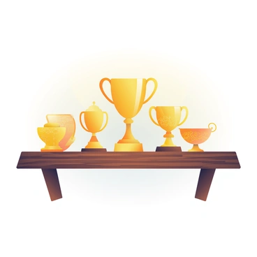 A wooden shelf with a rich, dark finish is prominently displayed. On the shelf, there is a collection of gold trophies, each with intricate designs and unique shapes. Some trophies have elegant handles, while others feature decorative bases adorned with intricate engravings. Among the trophies, a larger trophy stands at the center, gleaming brightly in the light. The background is subtly blurred, drawing attention to the detailed craftsmanship of the trophies, showcasing their shimmering surfaces and polished details.